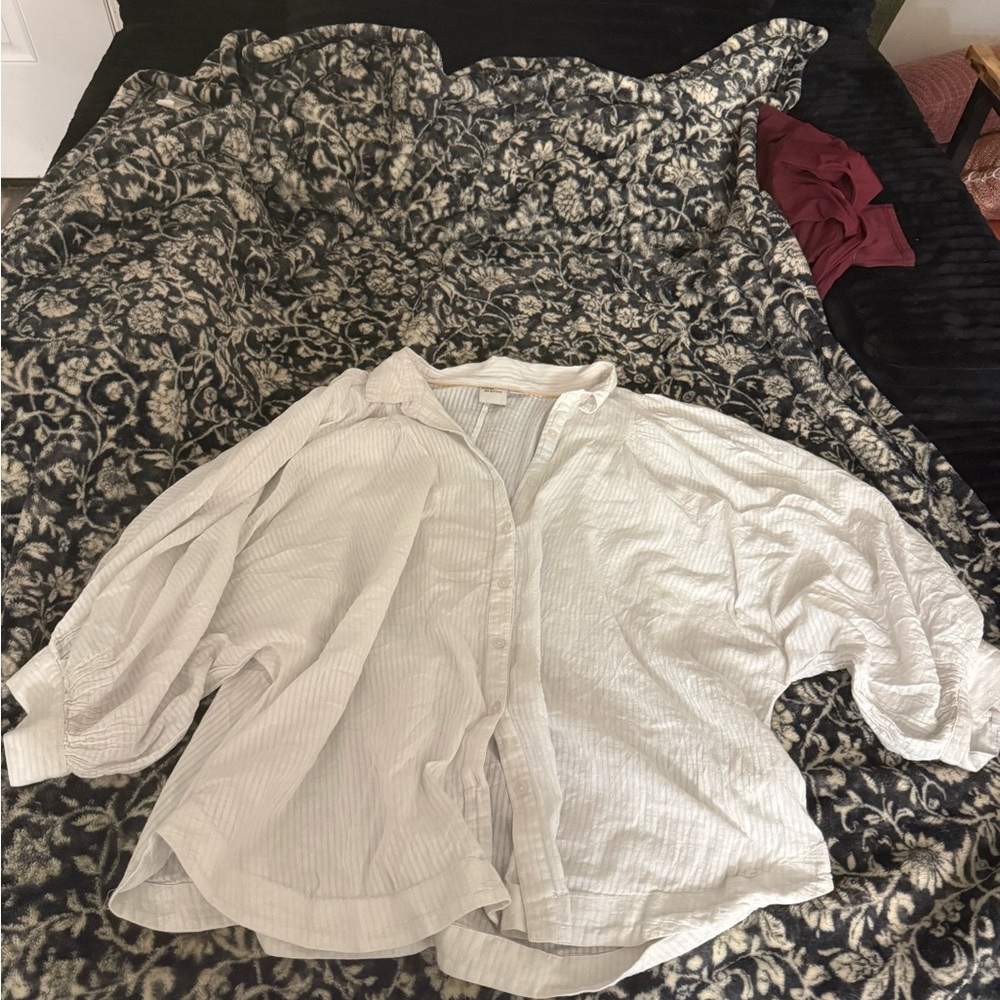 Anthropologie Maeve White Gauze Button-Front Top with Trim